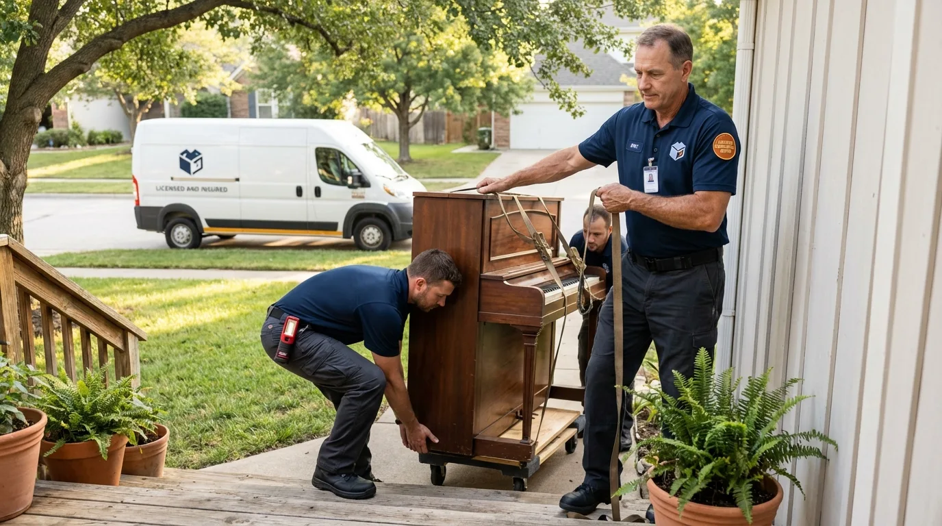 Licensed piano movers securing grand piano in Suitland, MD