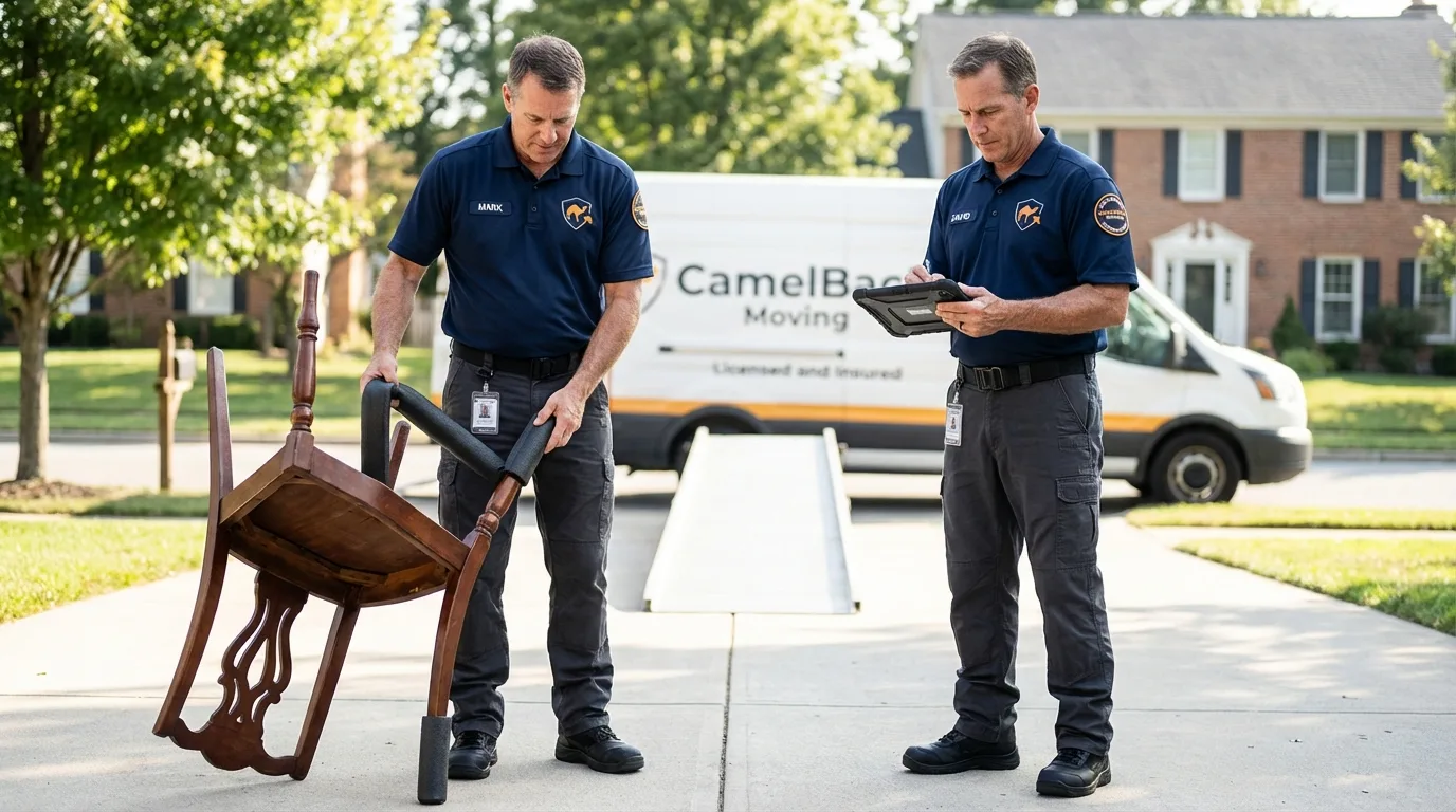 Movers inspecting furniture for damage prevention before loading in Suitland, MD