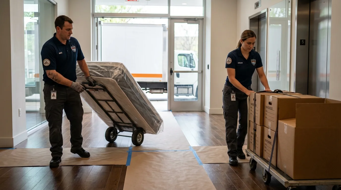 Professional apartment movers loading elevator in Suitland, MD